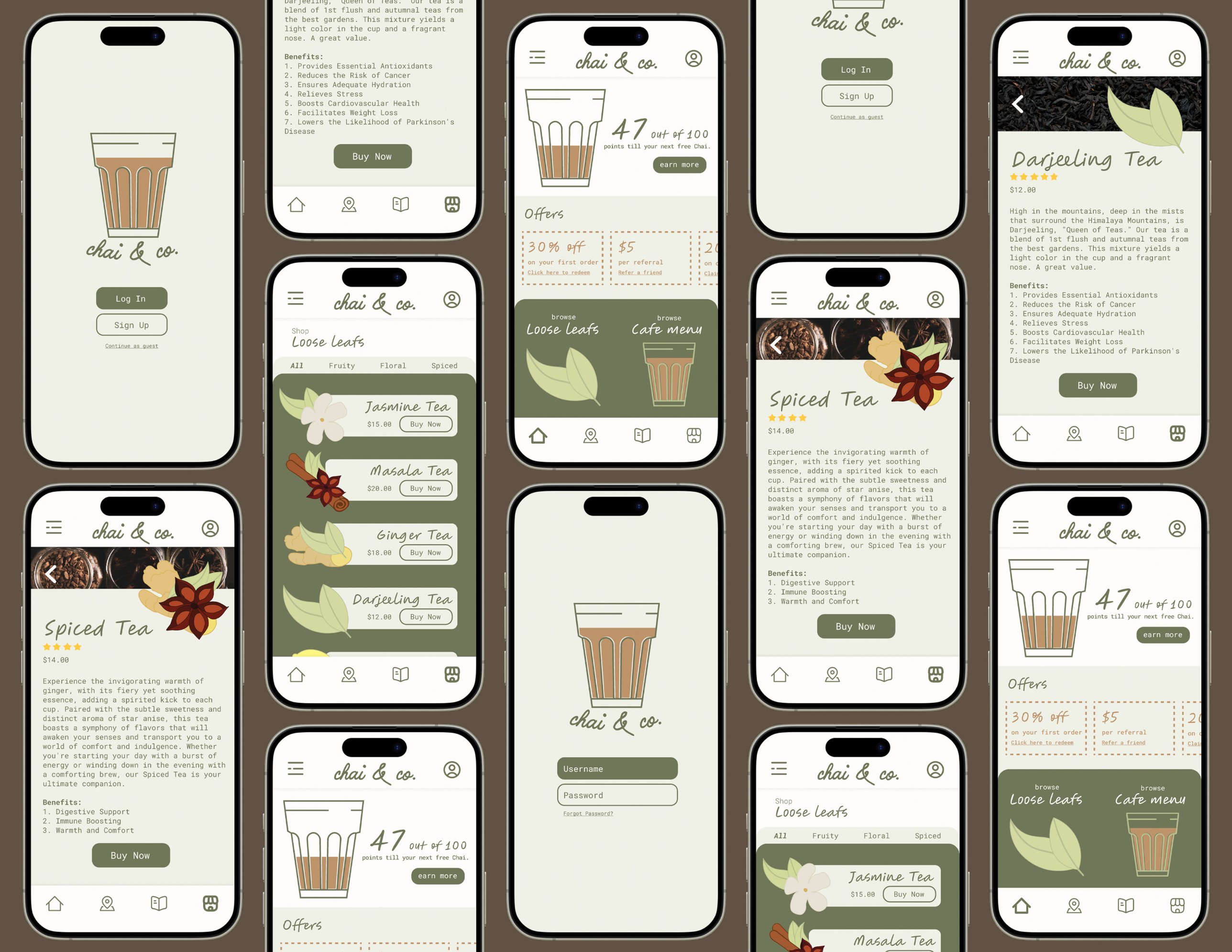 A grid of Chai & Co. app screens, including the sign-in, the loose-leaf shop, the rewards home screen and the Spiced Tea and Darjeeling Tea product pages.