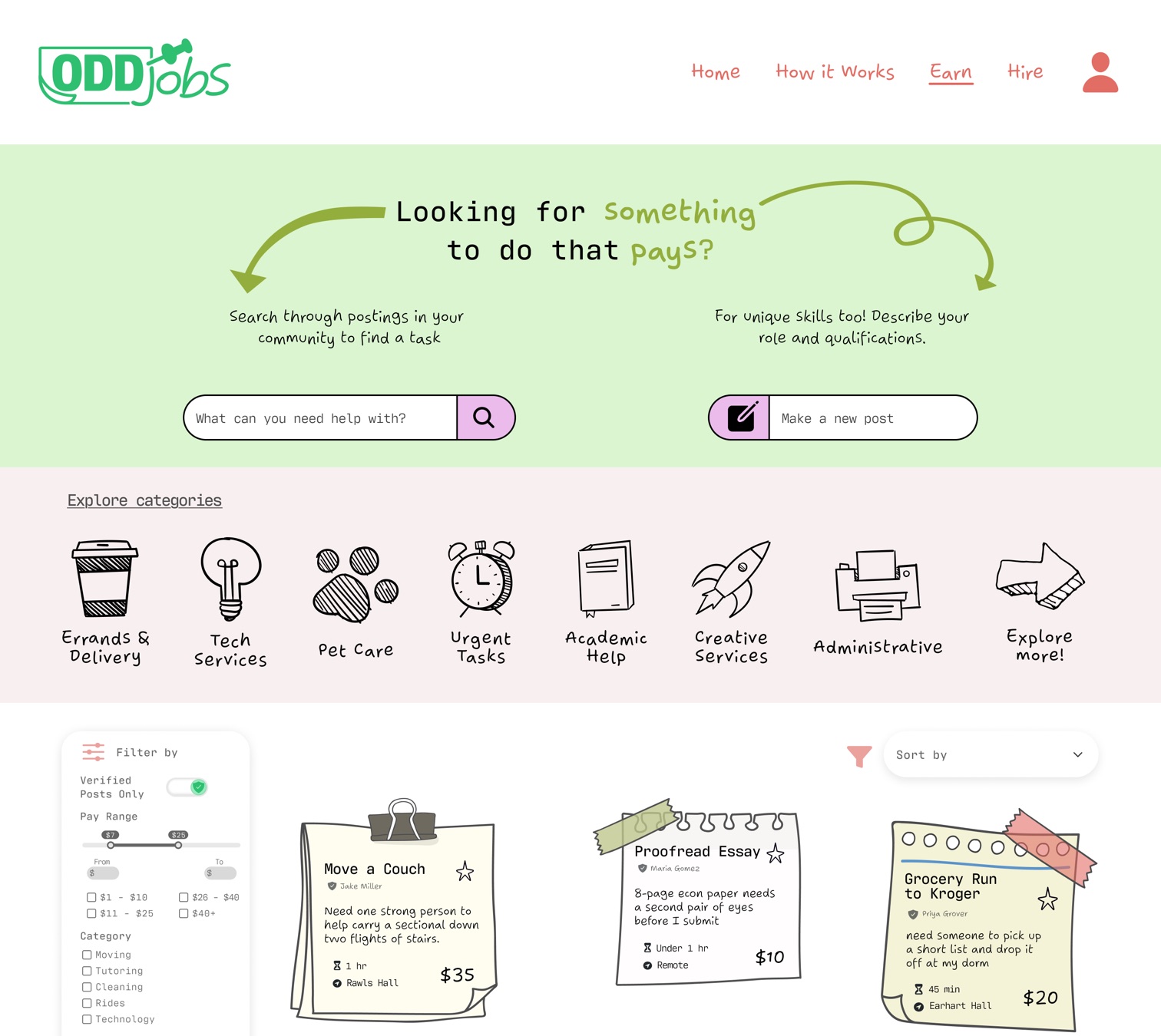 The Odd Jobs Browse Gigs page on a desktop monitor, with the full navigation across the top, filters in a sidebar on the left and gig cards in three columns.