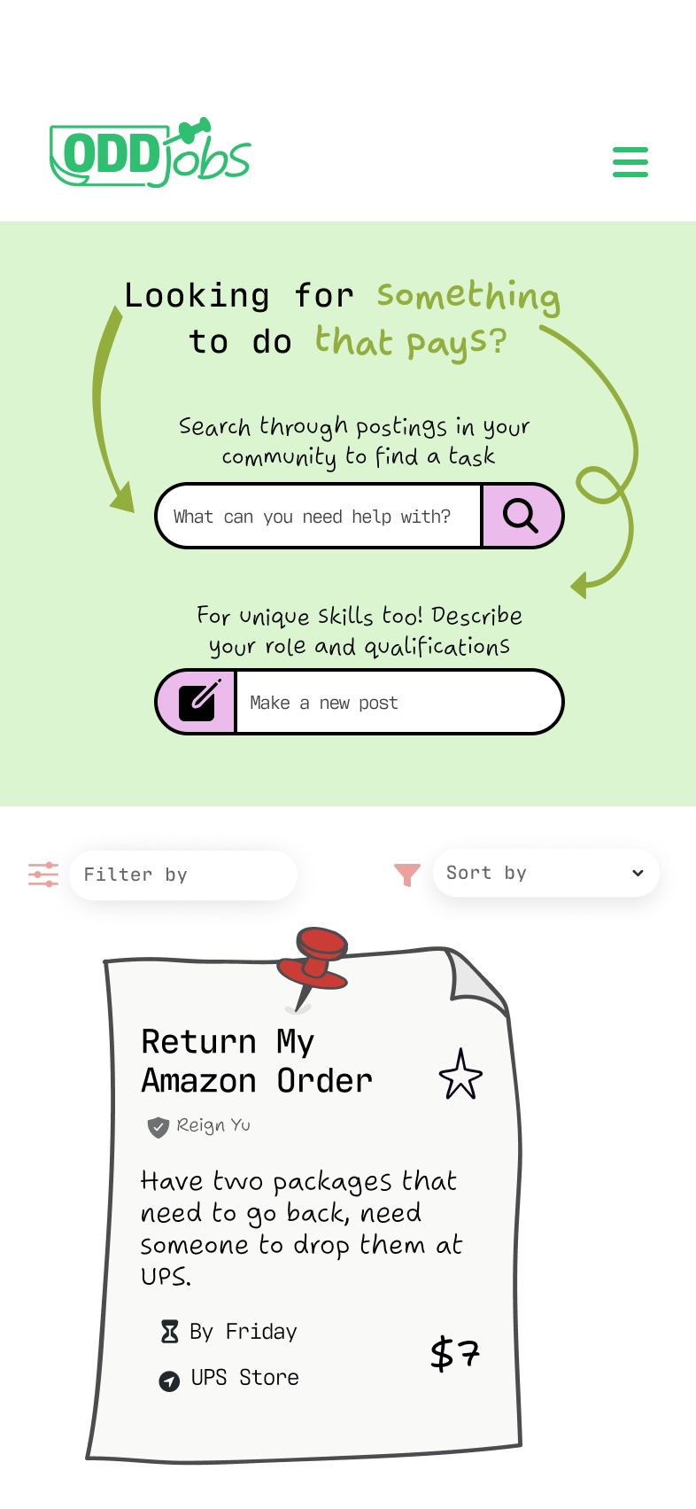 The same Browse Gigs page on a phone, with a hamburger menu, Filter by and Sort by dropdowns and the gig cards stacked in one column.