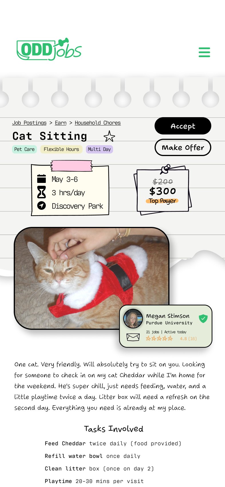 A Cat Sitting job post on mobile, with dates, hours, location, pay, Accept and Make Offer buttons, and the poster's card.