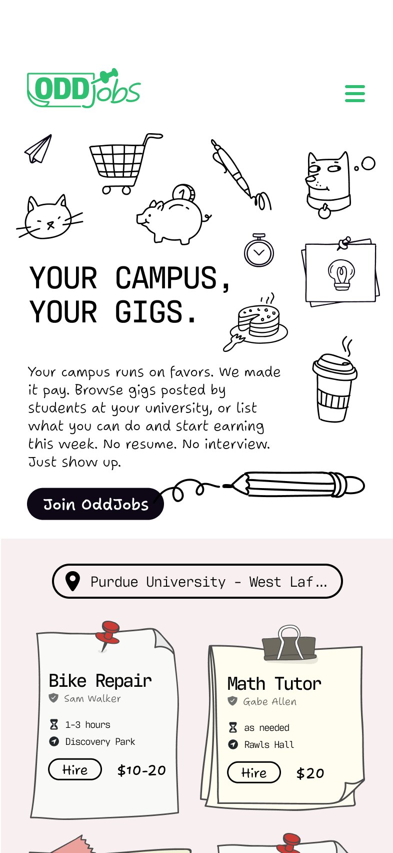 The Odd Jobs landing page on mobile, showing gigs posted at Purdue.
