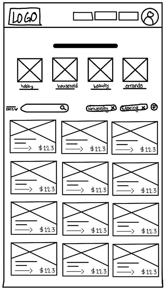 Hand-drawn wireframe of the Browse gigs page.
