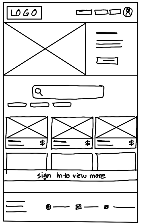 Hand-drawn wireframe of the landing page.