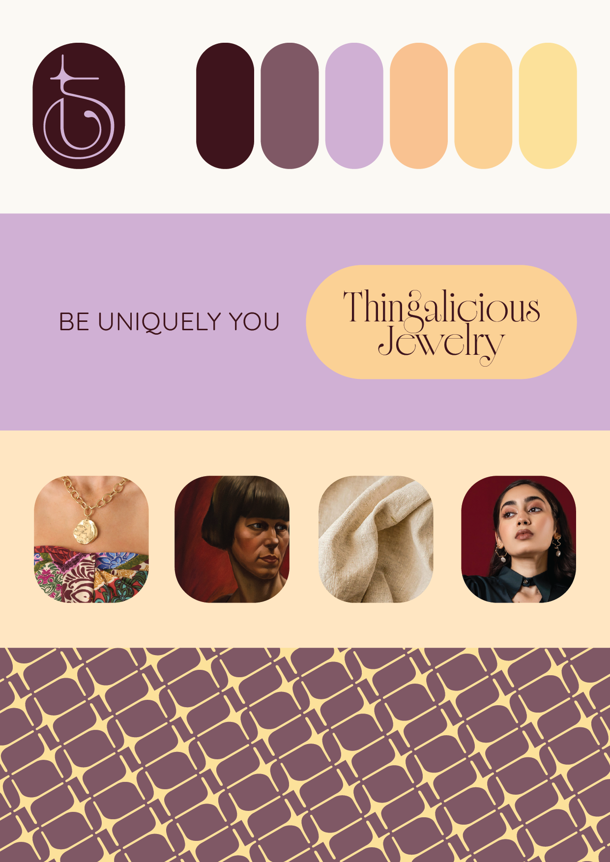 The Thingalicious brand board shows the logo, the six-color palette, the tagline and wordmark, four mood images and the brand pattern.