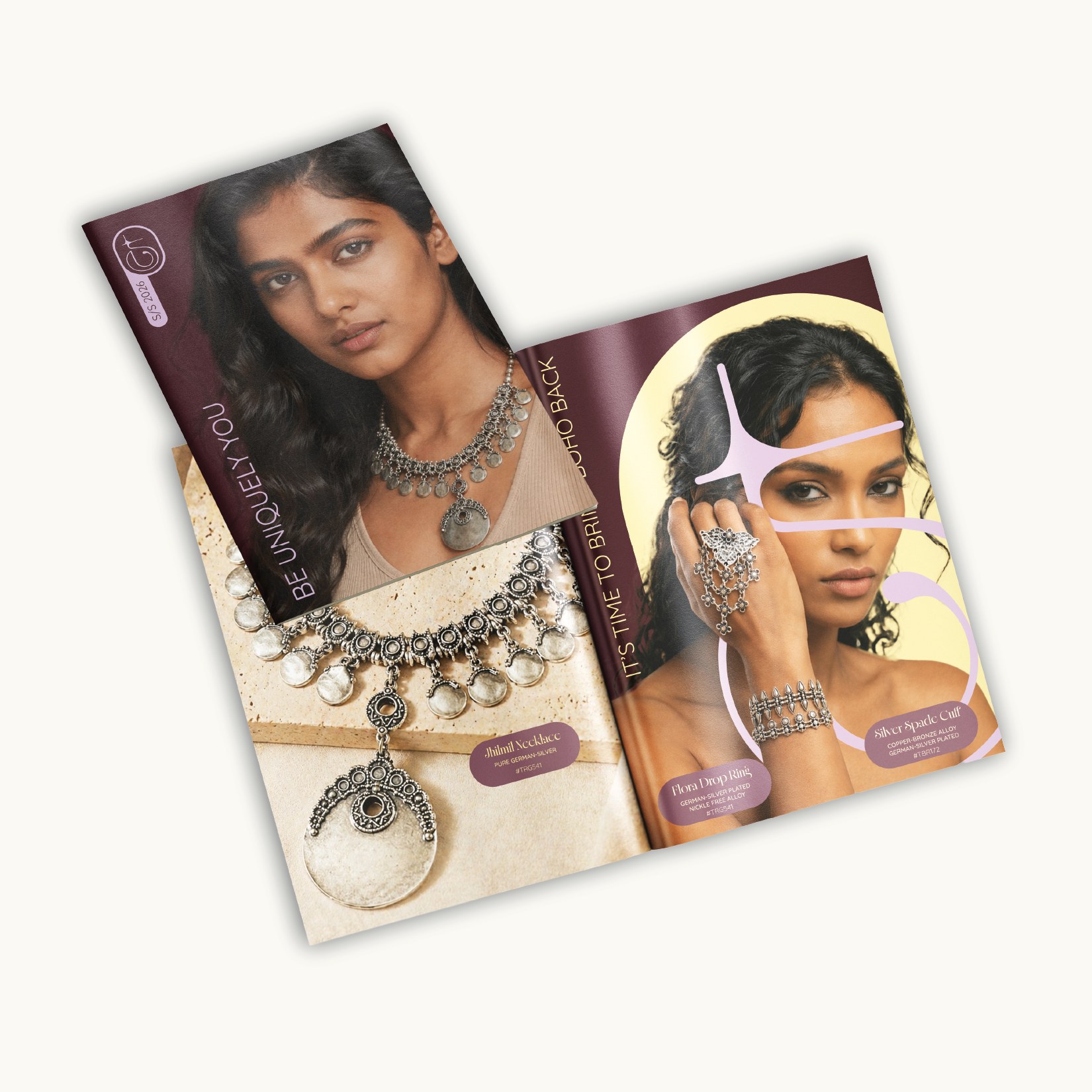 A concept spread for the Thingalicious spring/summer 2026 catalog shows stock models wearing the Jhilmil Necklace, the Flora Drop Ring and the Silver Spade Cuff.